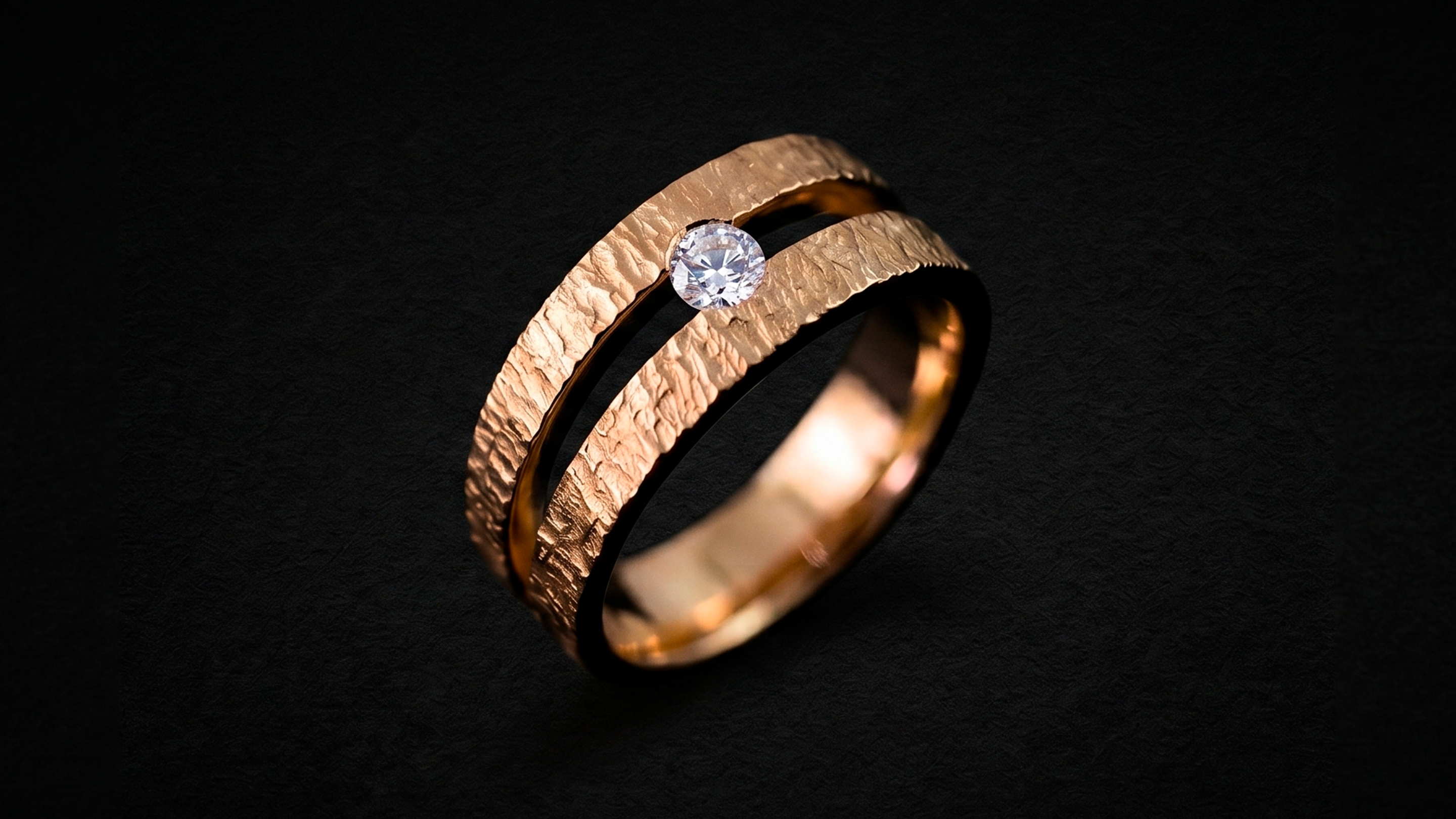 Module 01 — double band ring with hammered texture, interior engraving and central diamond, ZBrush render