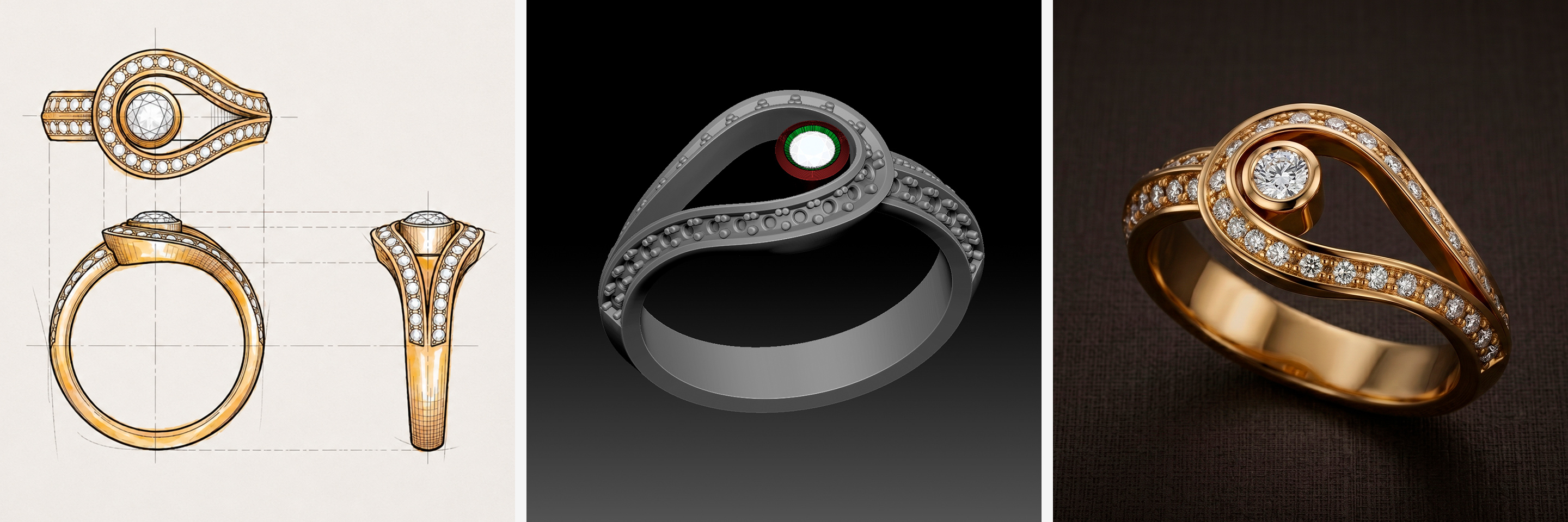 Solitario de engaste en espiral con doble banda de pavé — caso de diseño CAD, Studiojoia Pro
